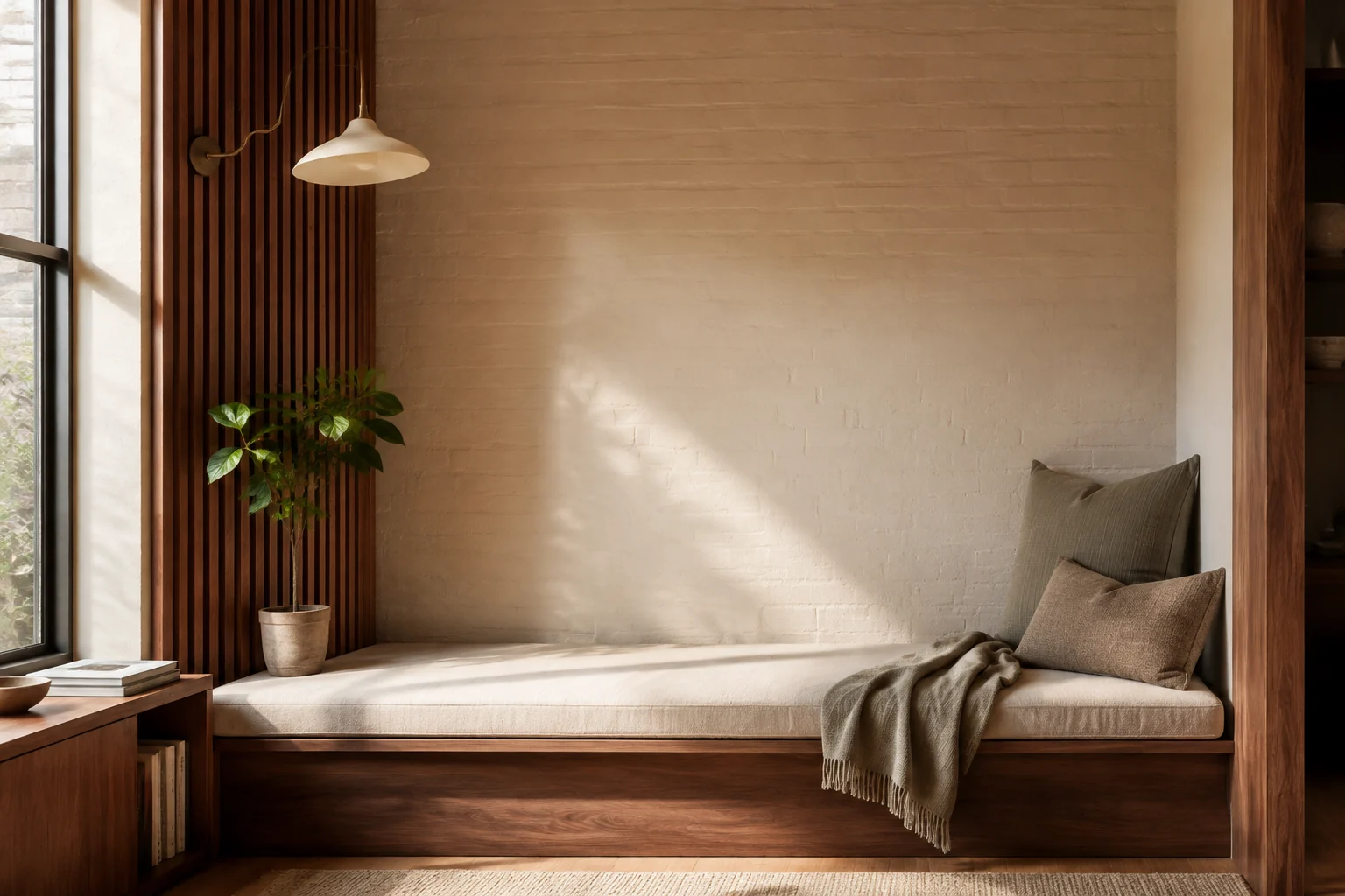 Sunlit compact reading nook with a built-in bench