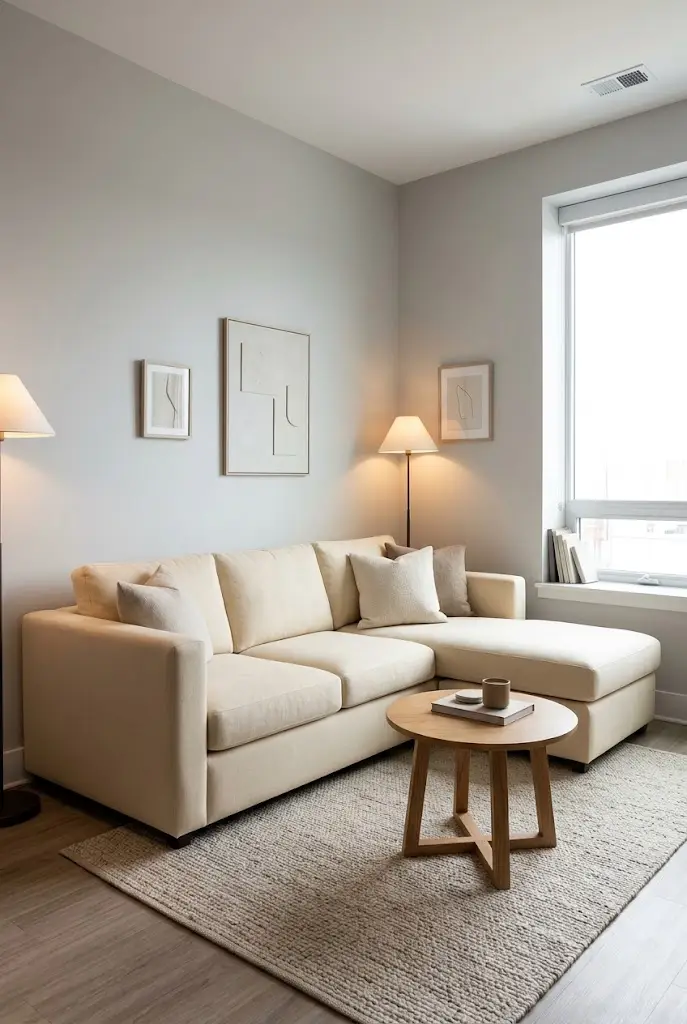 Compact sectional arranged to preserve walking space in a studio