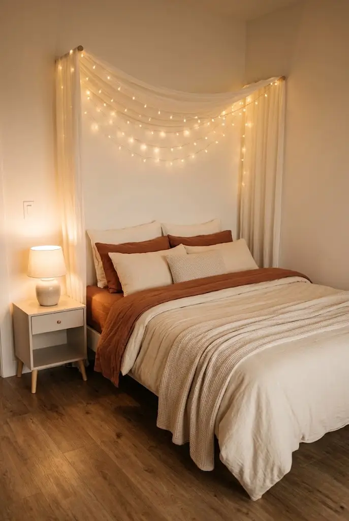Cozy bed nook with sheer curtains and string lights above the headboard, layered cream and rust bedding and a small bedside lamp