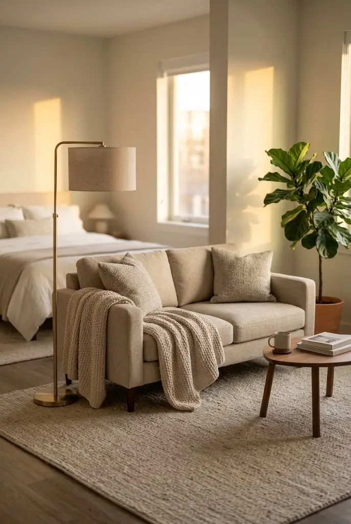 Cozy small sofa styling in a warm studio apartment