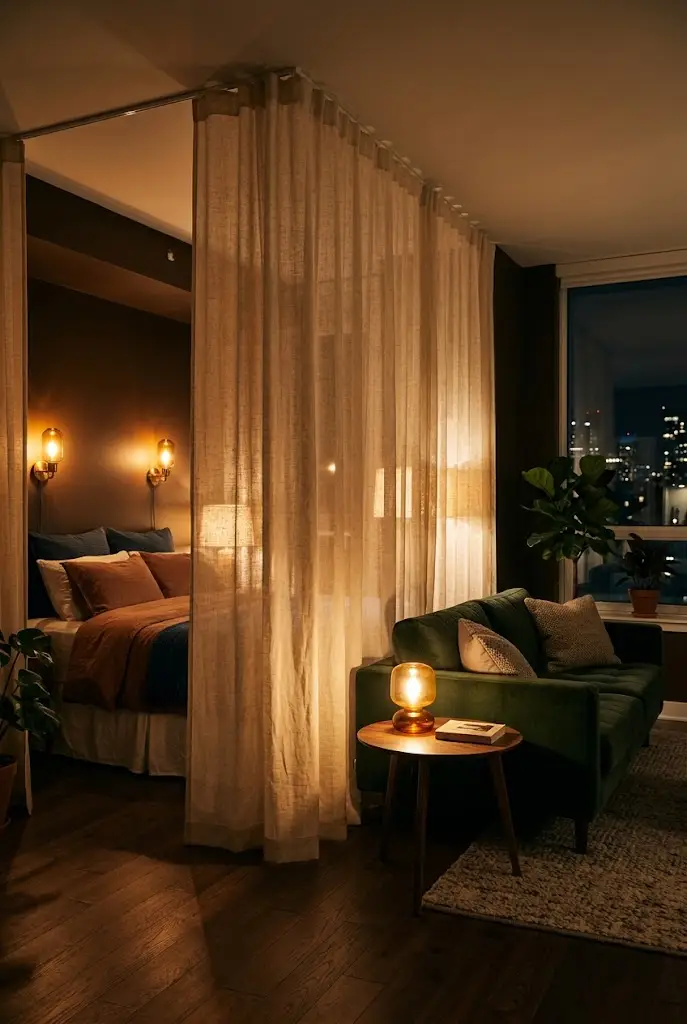 Curtain Divider With Warm Evening Lighting