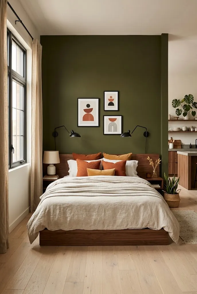 Bed against a deep olive green accent wall with abstract framed prints, black wall lamps and rust pillows in a studio apartment