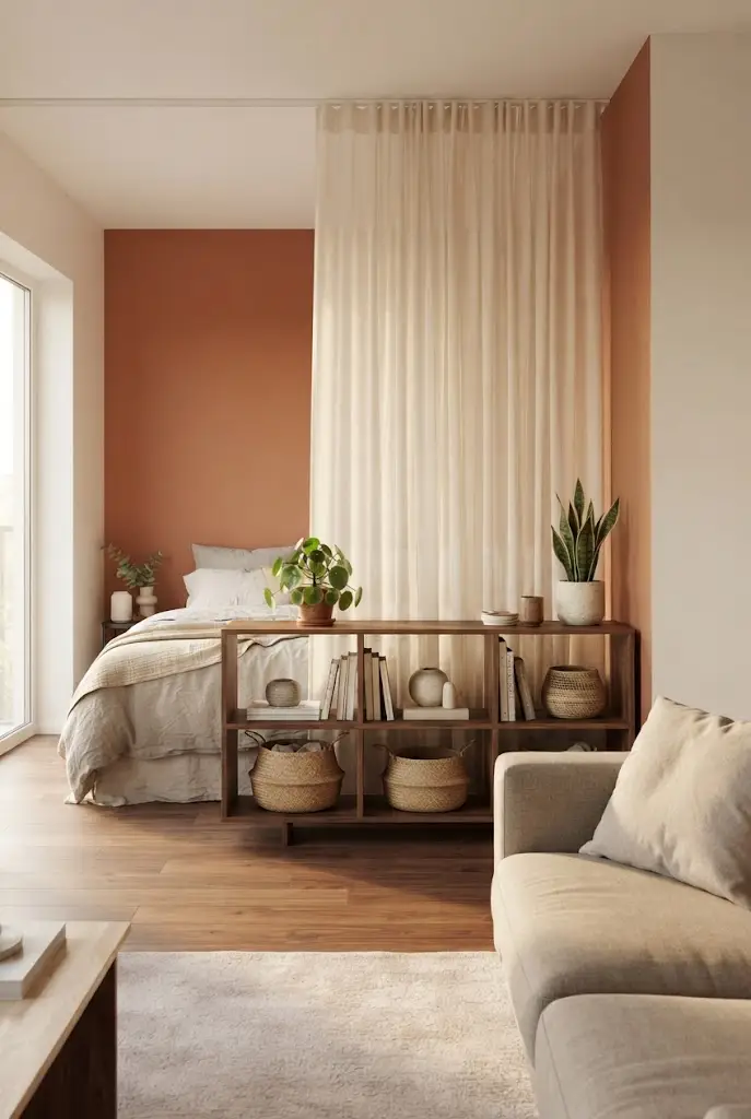 Layered Divider With Shelf and Curtain