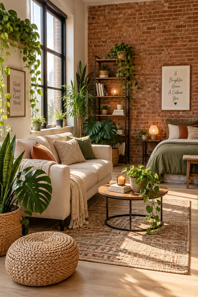Layered Greenery Against Brick Walls