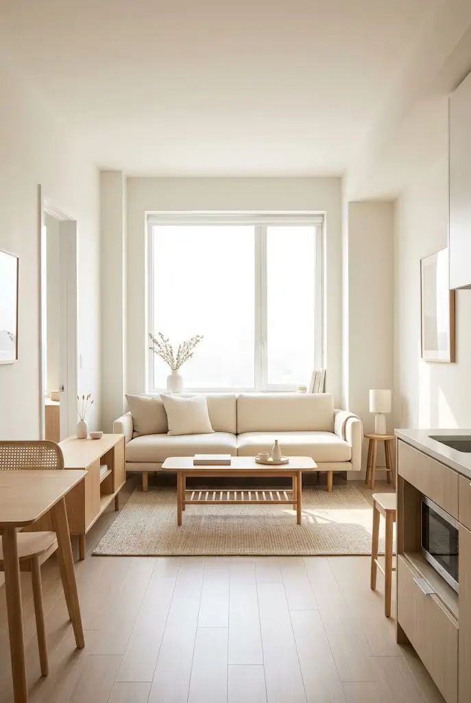 Low profile couch keeping a small studio bright and open