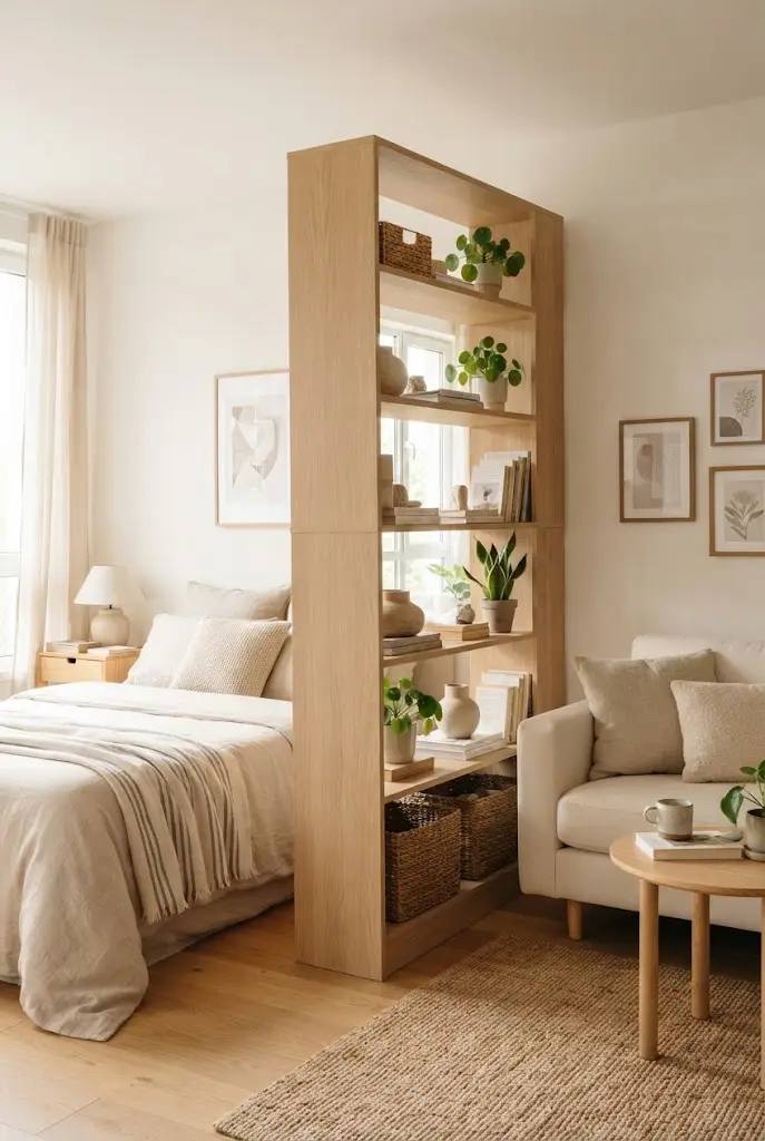 Open Bookcase Between Bed and Sofa