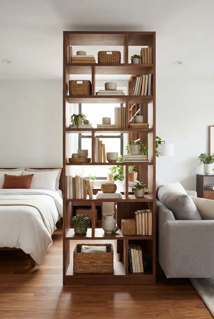 Open Bookcase Between the Bed and Sofa