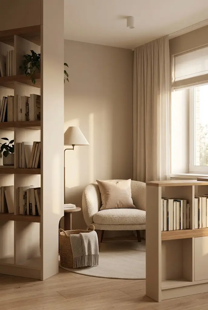 Reading Nook Behind Open Shelves