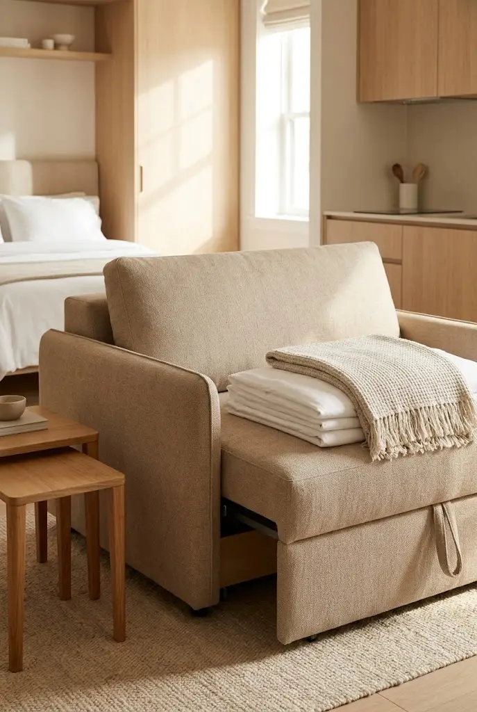 Multifunctional sleeper sofa in a small studio apartment