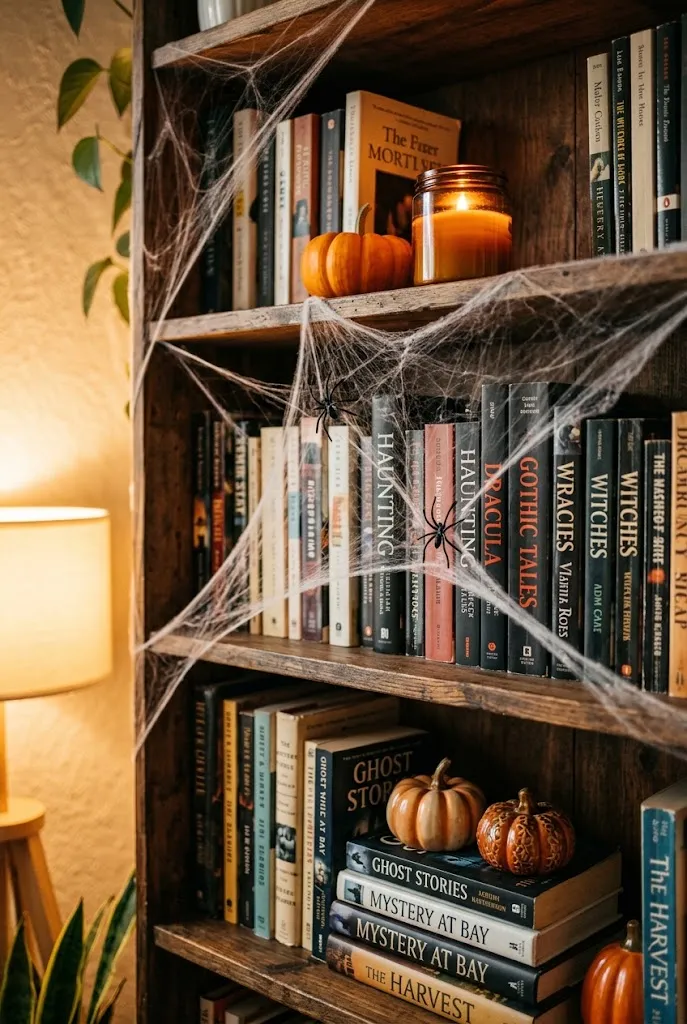 Stretch Faux Cobwebs Across Shelves and Corners