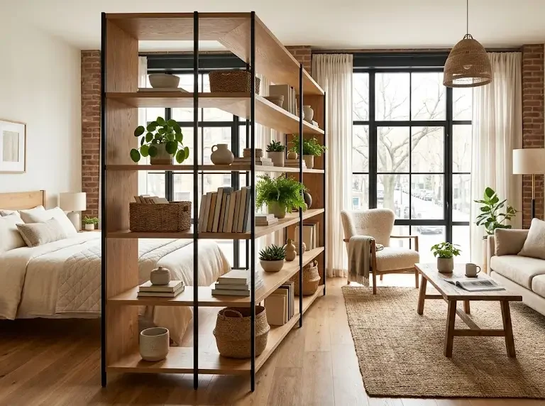 Studio Apartment Layout Ideas With Bookshelf Dividers