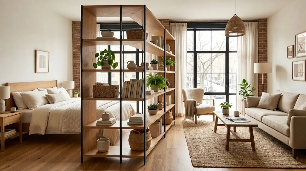 Studio Apartment Layout Ideas With Bookshelf Dividers