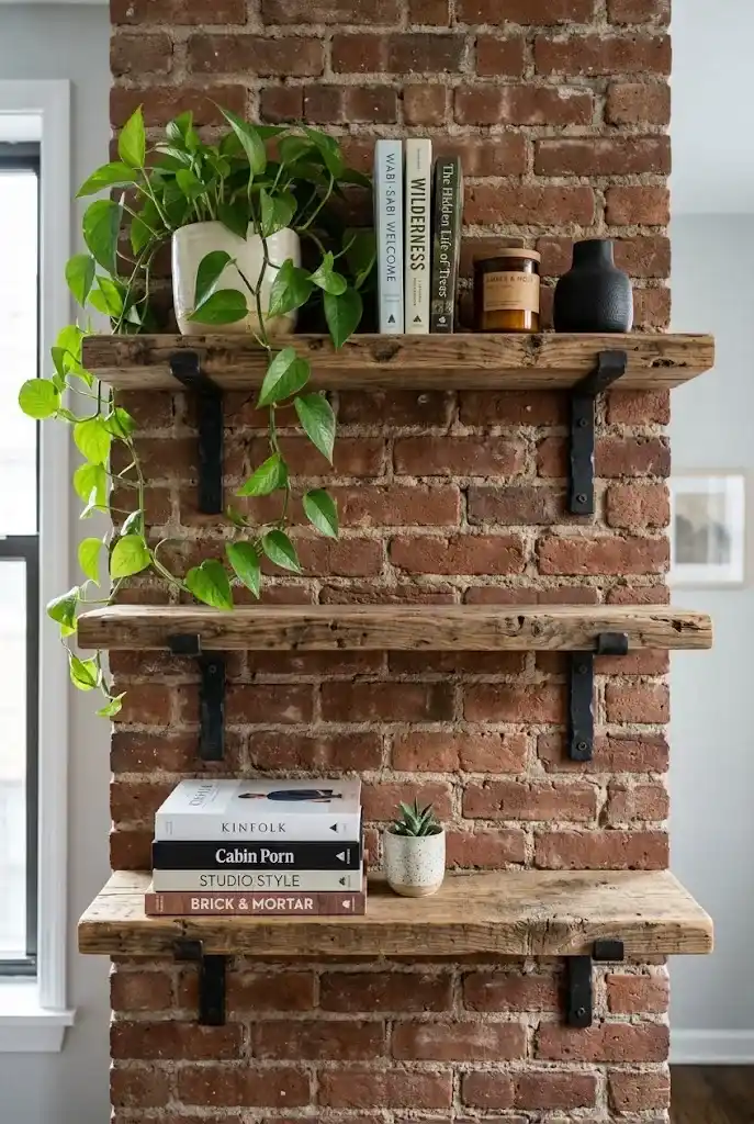 Style Open Shelves Against the Brick