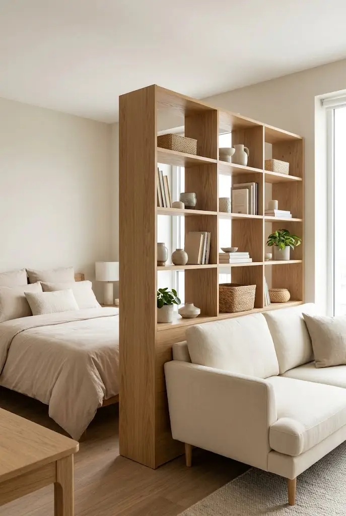 Tall Open Bookcase Between the Bed and Sofa