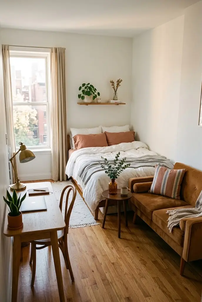 Studio apartment with the bed tucked into a corner, a desk by the window and a sofa along the wall