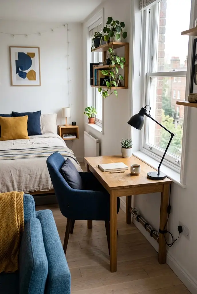 Compact desk placed beside the window in a small studio apartment, with the bed nearby