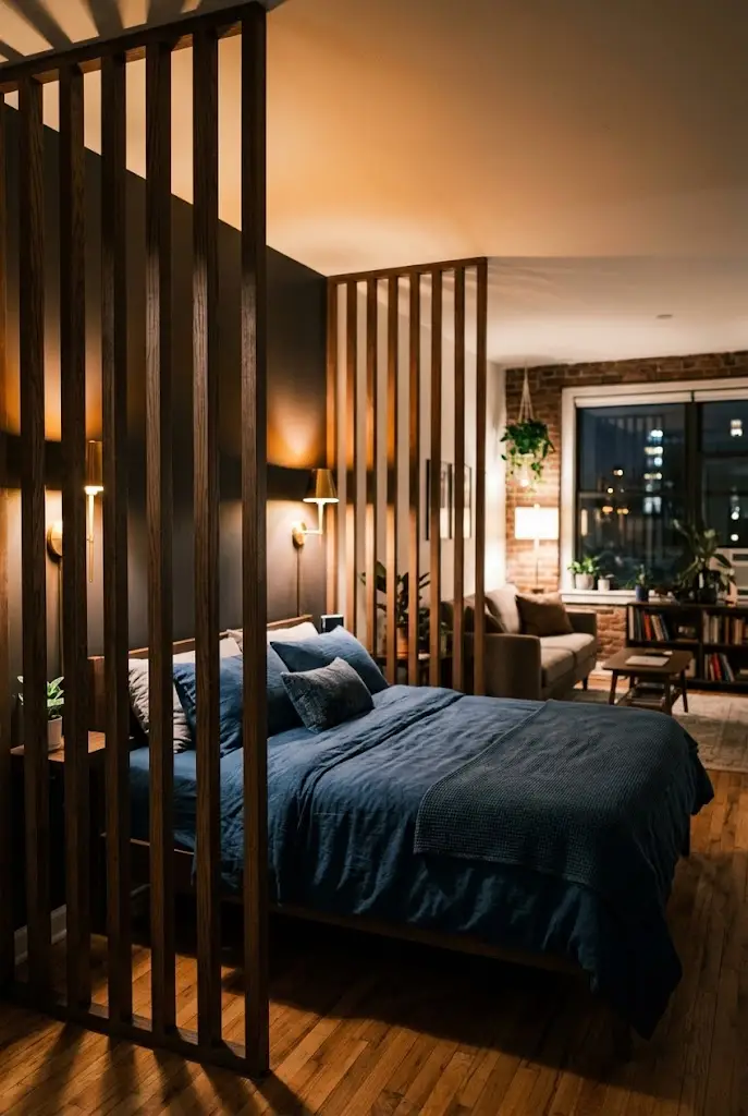 Wood Divider Framing the Bed