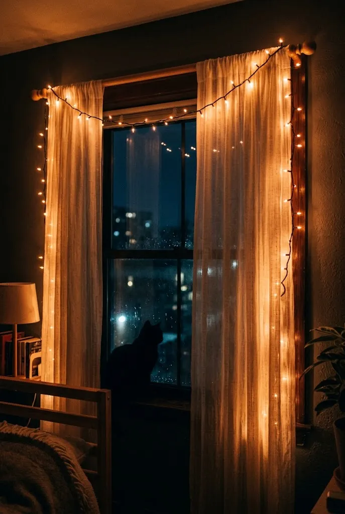 Wrap Orange String Lights Around a Curtain Rod