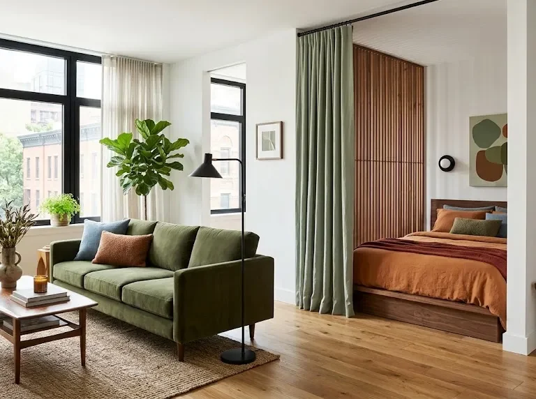 bedroom zone in a studio apartment