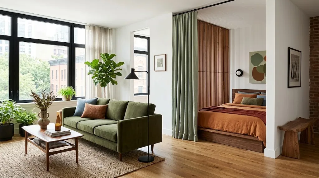 bedroom zone in a studio apartment