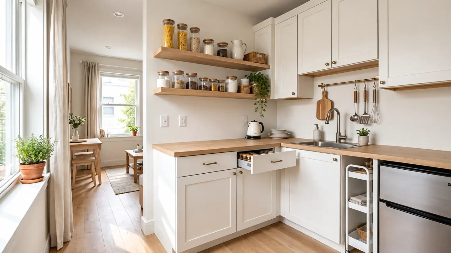 organizing a small kitchen in a micro studio apartment