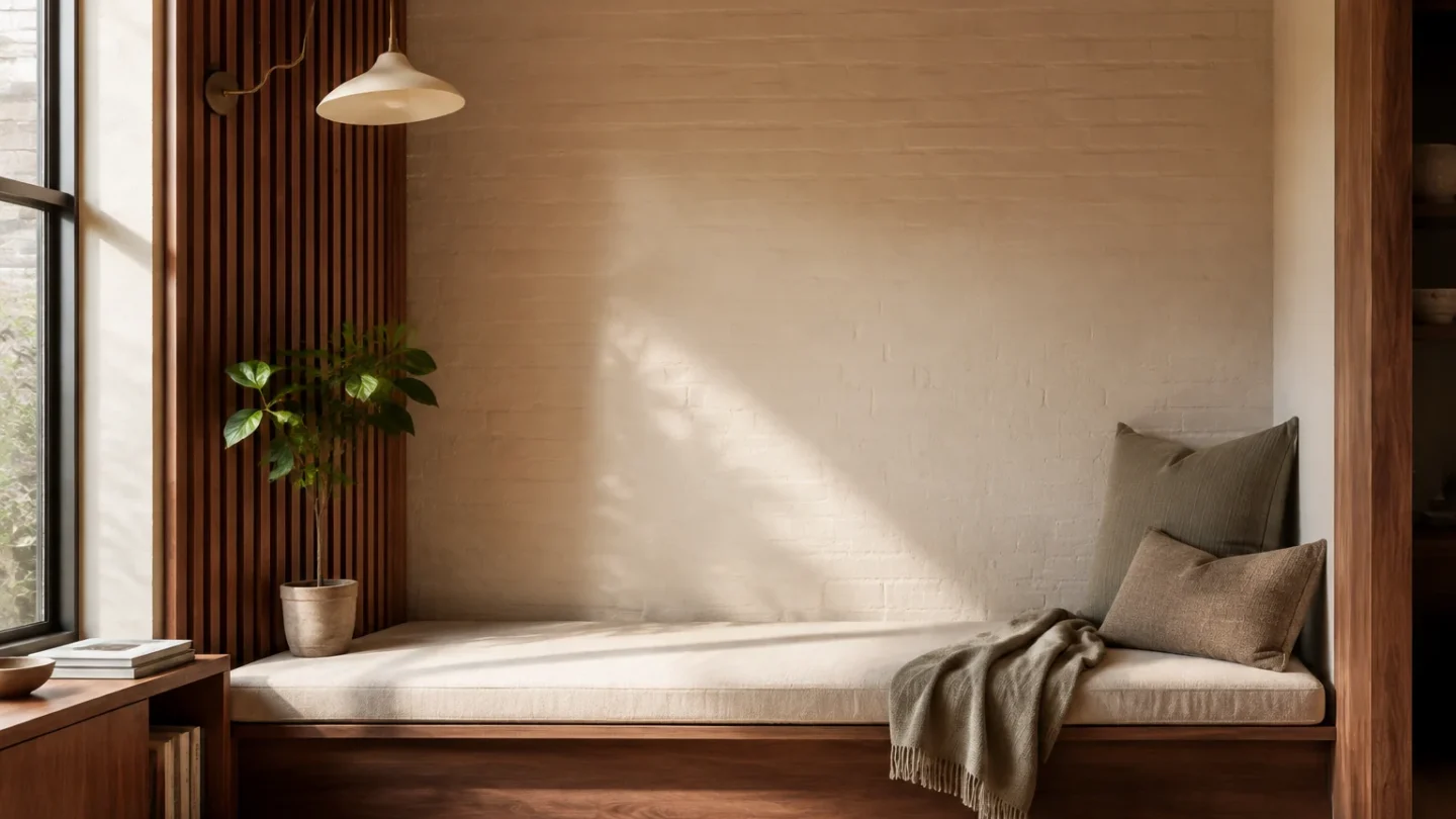 Sunlit built-in reading bench in a compact nook