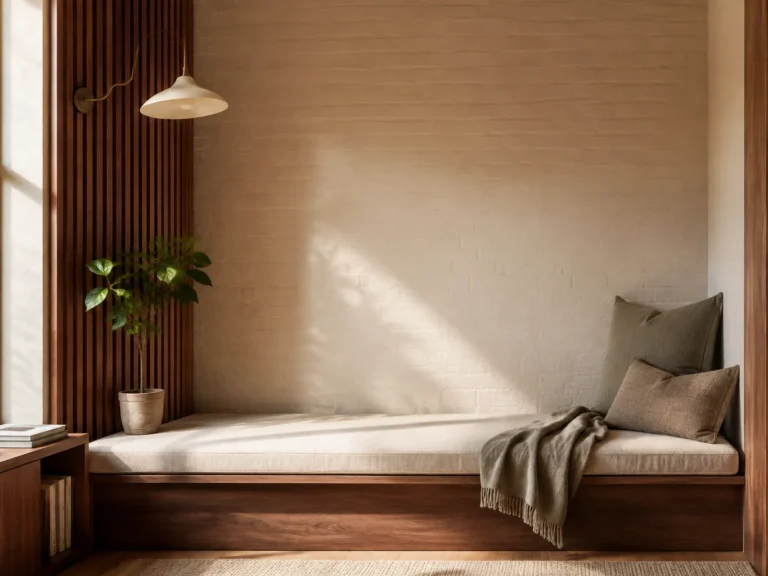 Sunlit built-in reading bench in a compact nook