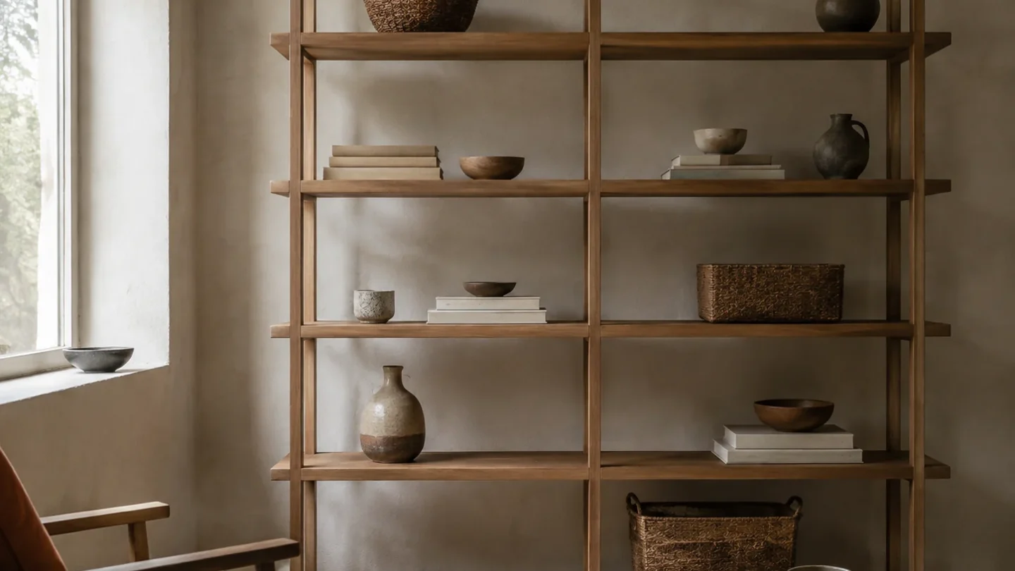 Calm open shelving with baskets, books, and ceramics