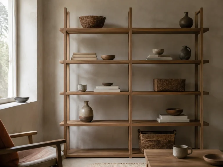 Calm open shelving with baskets, books, and ceramics