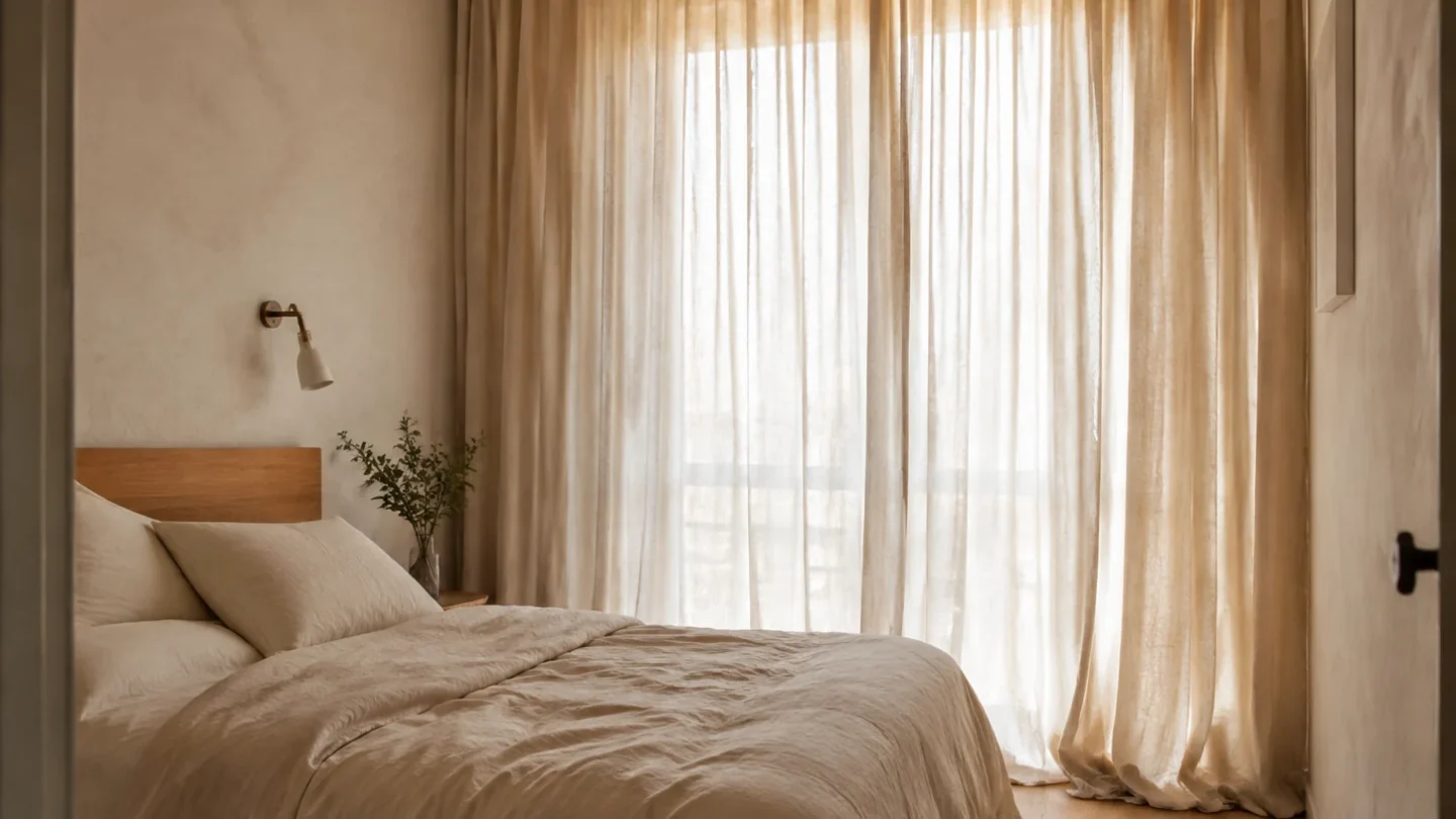 Ceiling-height oatmeal curtains in a compact bedroom