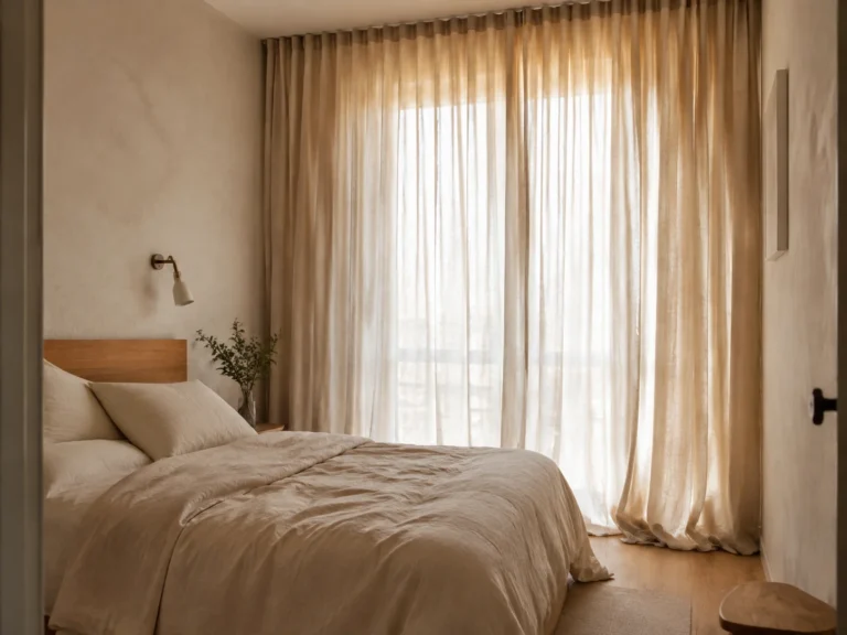 Ceiling-height oatmeal curtains in a compact bedroom