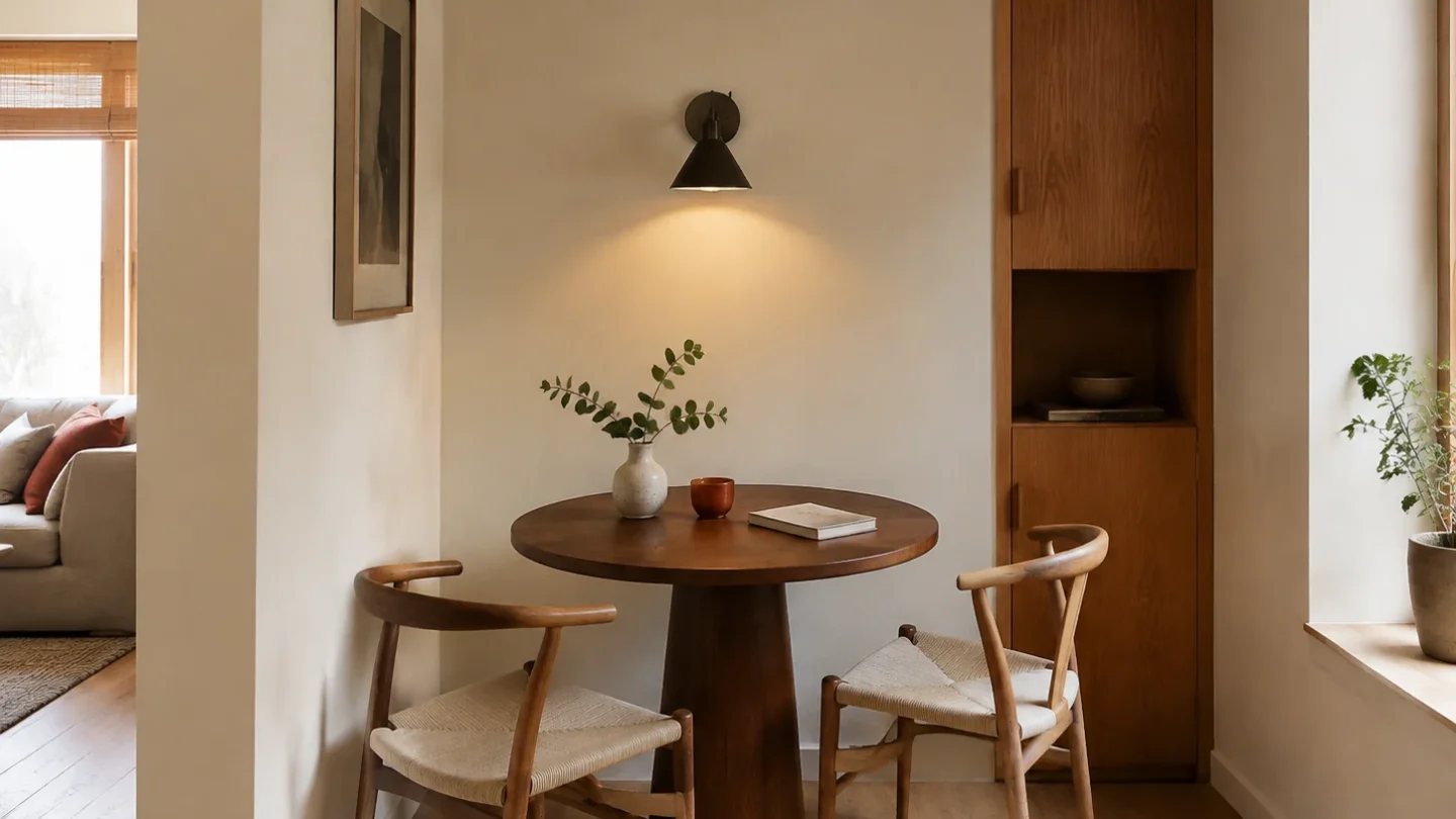 Round dining and work table in a compact apartment nook
