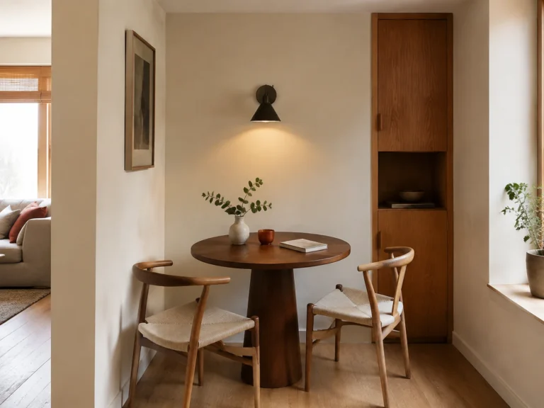 Round dining and work table in a compact apartment nook
