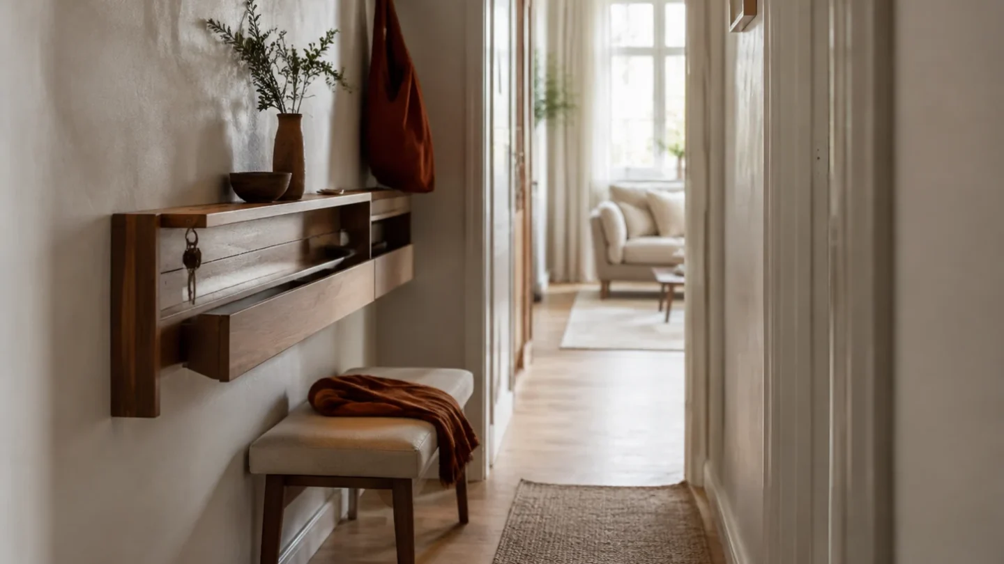 Slim storage and a small bench in a narrow apartment entry