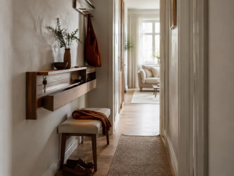 Slim storage and a small bench in a narrow apartment entry