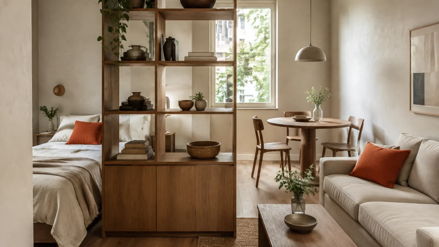 Open shelving separates a compact bedroom from a sitting area