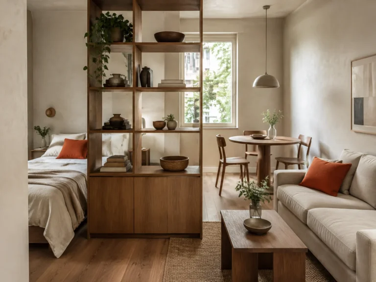 Open shelving separates a compact bedroom from a sitting area