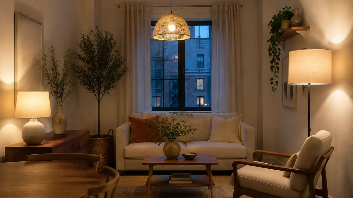 Warm floor, table, and pendant lighting in a compact room