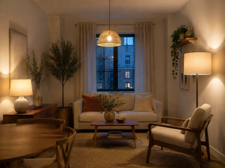 Warm floor, table, and pendant lighting in a compact room