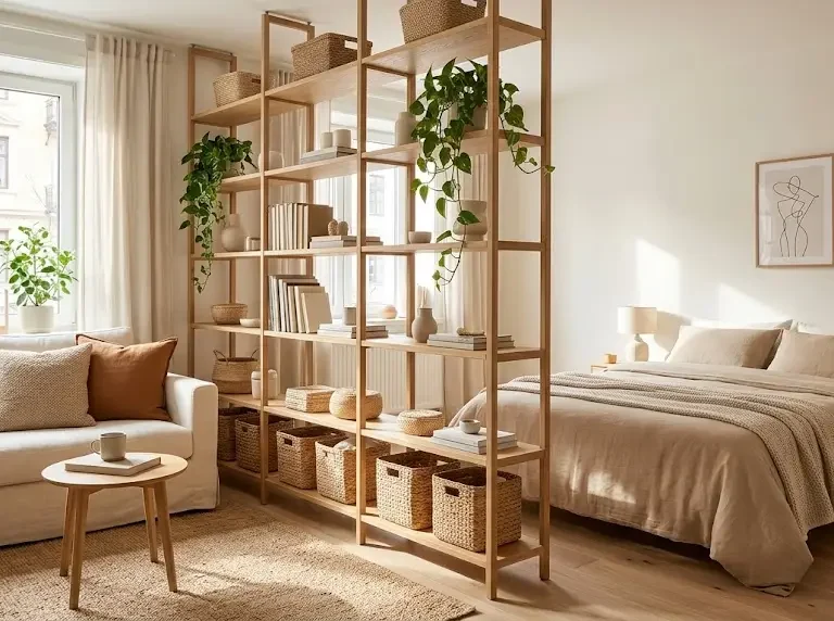 studio apartment open shelf divider ideas