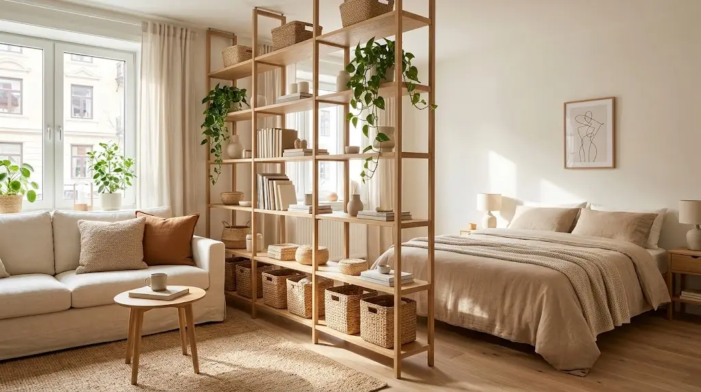studio apartment open shelf divider ideas
