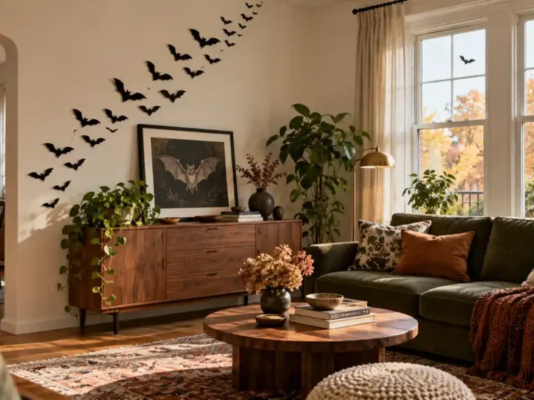 Black paper bats sweep above a walnut sideboard beside a green sofa and bright apartment windows