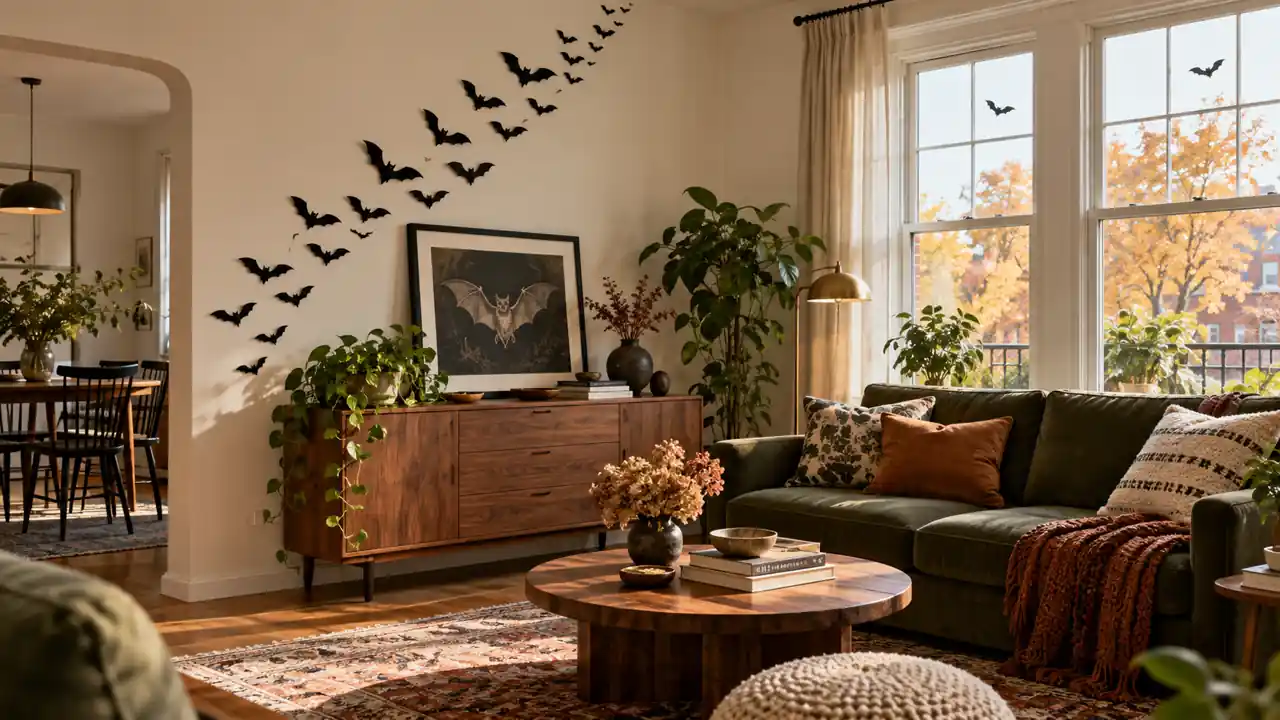 Black paper bats sweep above a walnut sideboard beside a green sofa and bright apartment windows
