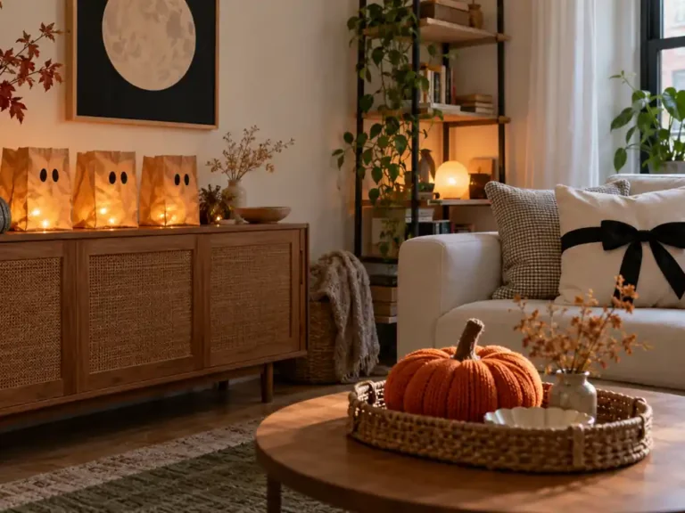 Handmade glowing ghost bags, a framed moon, and knitted pumpkins decorate a cozy apartment living room