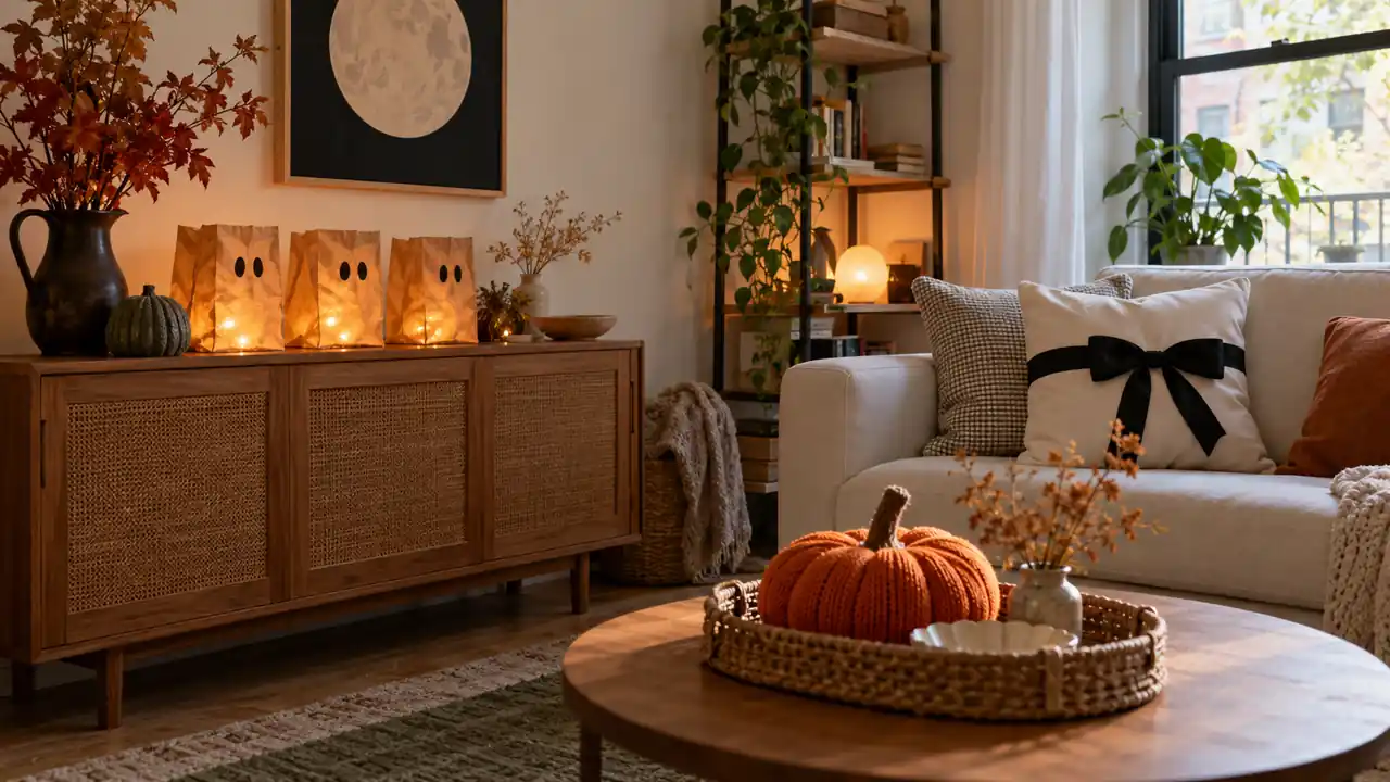 Handmade glowing ghost bags, a framed moon, and knitted pumpkins decorate a cozy apartment living room