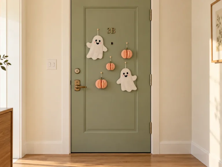 Sage apartment door with two blushing white ghosts and peach pumpkin accents