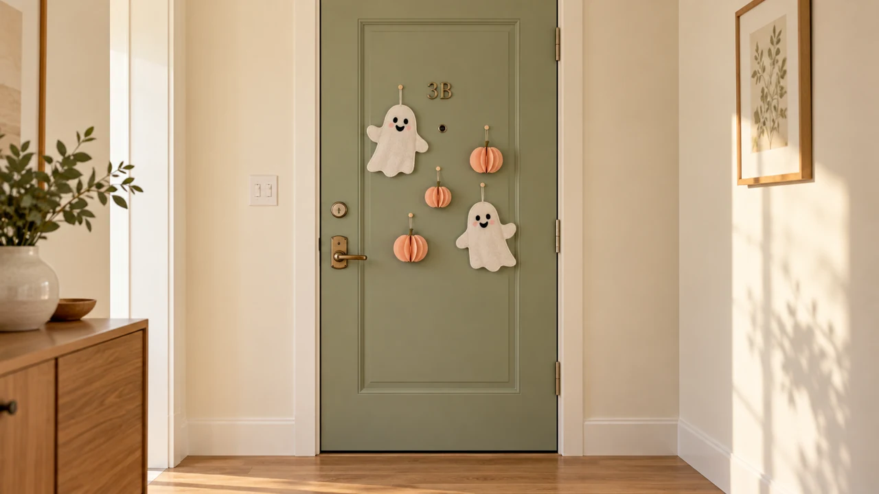 Sage apartment door with two blushing white ghosts and peach pumpkin accents
