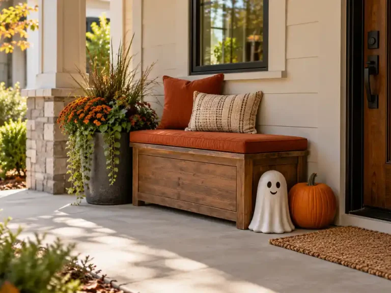 Wooden porch bench with rust cushion, white ghost and orange pumpkin beside a clear entrance