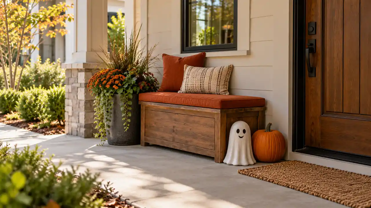 Wooden porch bench with rust cushion, white ghost and orange pumpkin beside a clear entrance