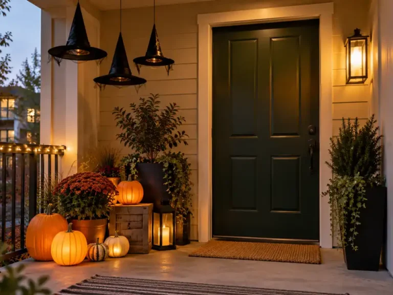 A cohesive compact apartment porch with a glowing pumpkin cluster tucked beside a dark green entry door and three black witch hats suspended high near the covered ceiling, warm fairy lights, clear pathway and entry.